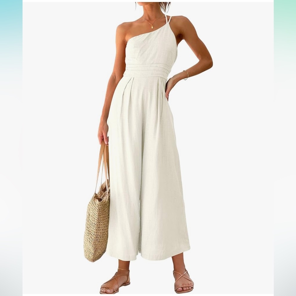ANRABESS Women's Summer Straps One Shoulder Casual Wide Leg Linen Jumpsuit S NWT
